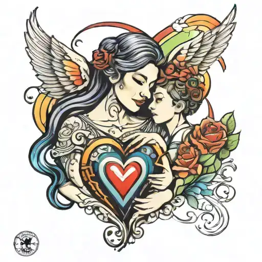 mother and son and rainbow heart   tattoo design idea