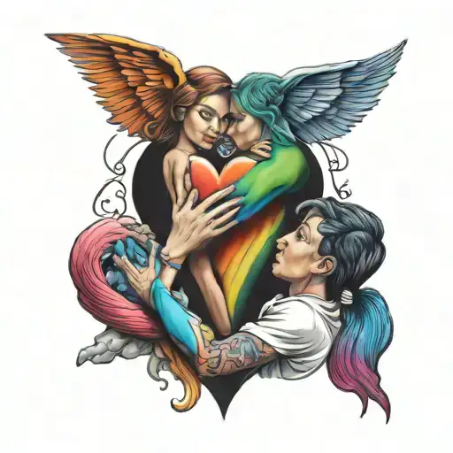 mother and son and rainbow heart   tattoo design idea