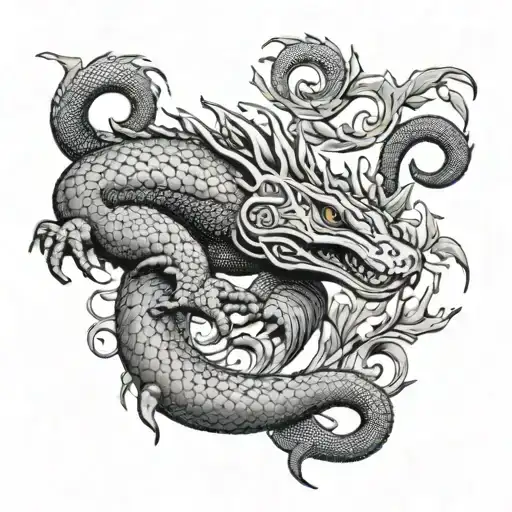 A realistic black and grey tattoo of a majestic Komodo dragon intertwined with musical notes and a subtle Yakuza crest hidden within the scales tattoo design idea
