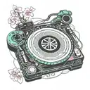 A futuristic DJ turntable with intricate circuit patterns and neon lights, surrounded by cherry blossom branches and a hidden Yakuza symbol tattoo design idea