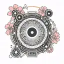 A futuristic DJ turntable with intricate circuit patterns and neon lights, surrounded by cherry blossom branches and a hidden Yakuza symbol tattoo design idea