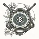 A futuristic DJ turntable with intricate circuit patterns and neon lights, surrounded by cherry blossom branches and a hidden Yakuza symbol tattoo design idea