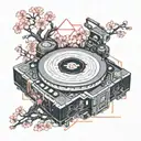 A futuristic DJ turntable with intricate circuit patterns and neon lights, surrounded by cherry blossom branches and a hidden Yakuza symbol tattoo design idea