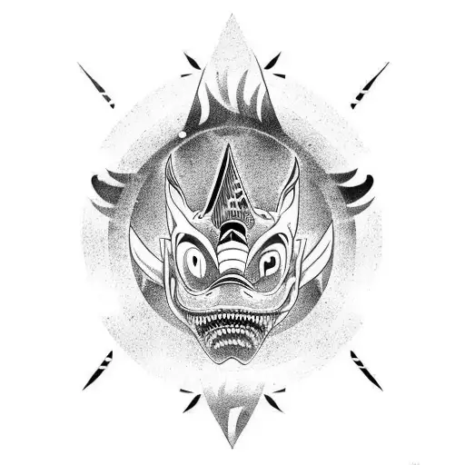 a black and white tattoo of a totem, Japanese tribal art inspired, big, containing the following animals - Shark, monkey tattoo design idea