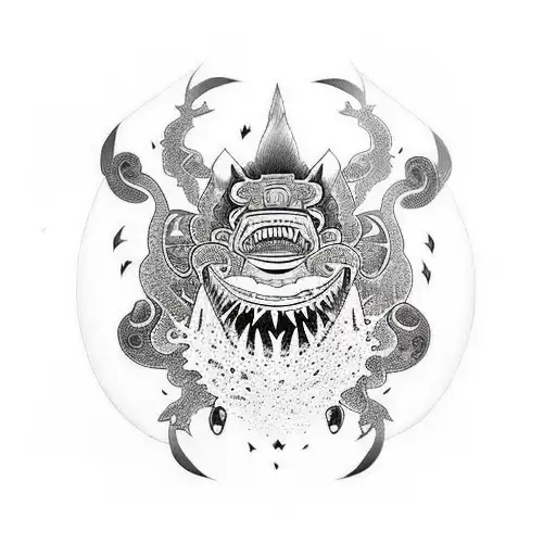 a black and white tattoo of a totem, Japanese tribal art inspired, big, containing the following animals - Shark, monkey tattoo design idea