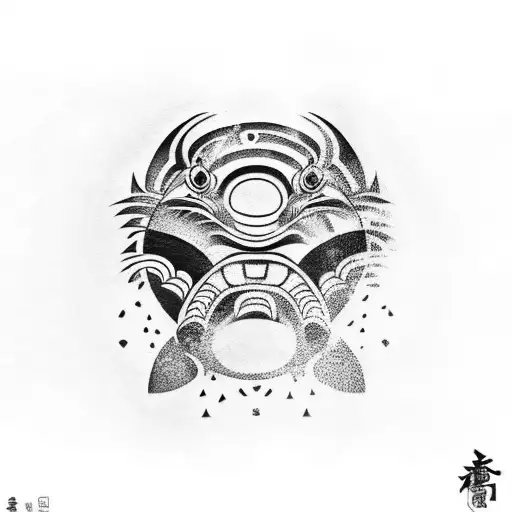 a black and white tattoo of a totem, Japanese tribal art inspired, big, containing the following animals - Shark, monkey tattoo design idea
