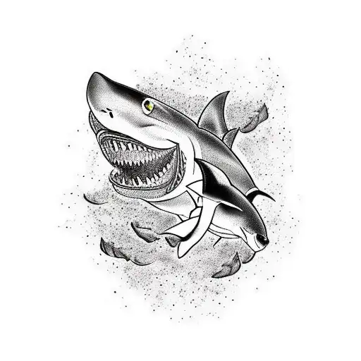 a black and white tattoo of a totem, Japanese tribal art inspired, big, containing the following animals - Shark, monkey tattoo design idea