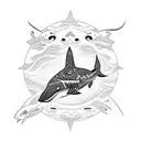 a black and white tattoo of a totem, Japanese tribal art inspired, big, containing the following animals - Shark, monkey tattoo design idea