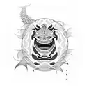 a black and white tattoo of a totem, Japanese tribal art inspired, big, containing the following animals - Shark, monkey tattoo design idea