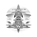a black and white tattoo of a totem, Japanese tribal art inspired, big, containing the following animals - Shark, monkey tattoo design idea
