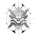 a black and white tattoo of a totem, Japanese tribal art inspired, big, containing the following animals - Shark, monkey tattoo design idea