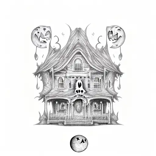 haunted house with ghost and jack-o'-lanterns and a moon and spooky trees and a crow tattoo design idea