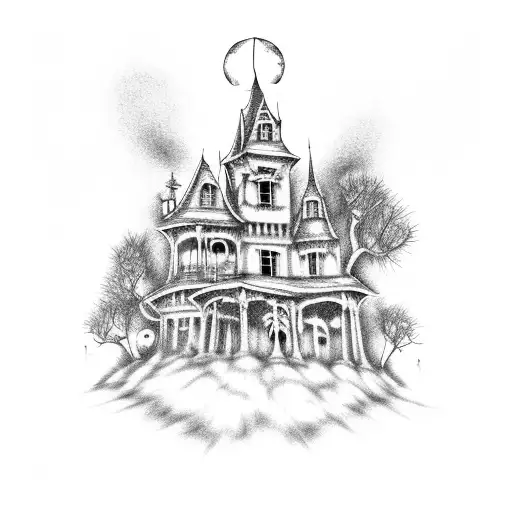 haunted house with ghost and jack-o'-lanterns and a moon and spooky trees and a crow tattoo design idea