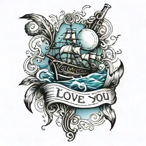 maritime theme with short hand writing for "I love you" tattoo design idea