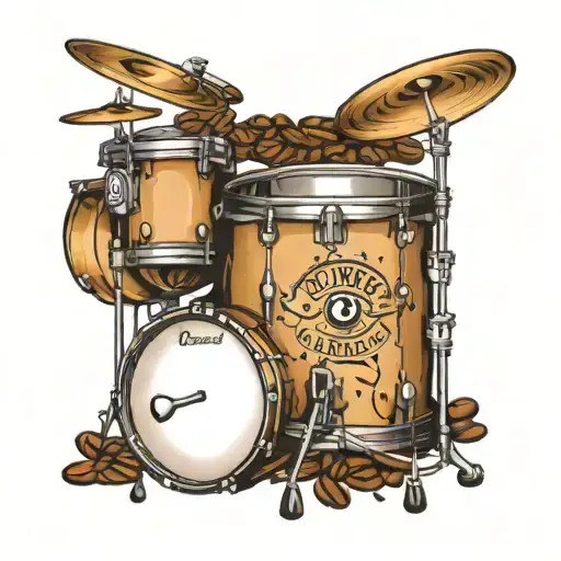 A traditional tattoo of a drum set with coffee beans and musical notes incorporated into the design, representing the client's passion for drums and coffee tattoo design idea