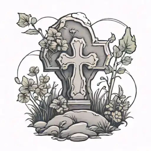 A graveyard scene with a clover growing out of a tombstone tattoo design idea
