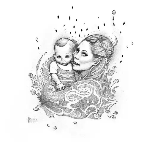 mom carrying kid through flames tattoo design idea