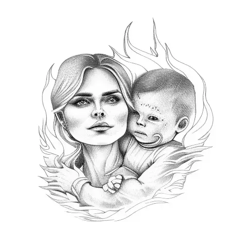 mom carrying kid in arms through flames tattoo design idea