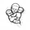mom carrying kid in arms through flames tattoo design idea