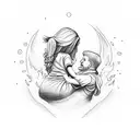 mom carrying kid in arms through flames tattoo design idea