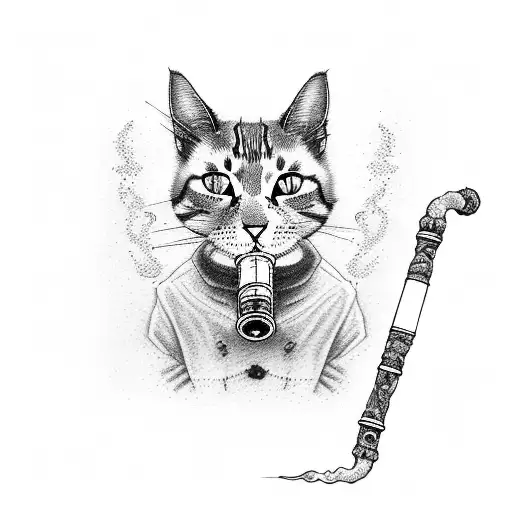 a cat smoking a long chinese pipe tattoo design idea