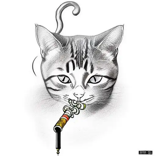 a cat smoking a long chinese pipe tattoo design idea