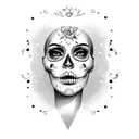 woman's face with sugar skull on her face with finger over lips tattoo design idea