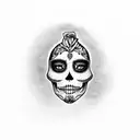 woman's face with sugar skull on her face with finger over lips tattoo design idea