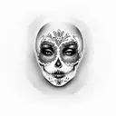 woman's face with sugar skull on her face with finger over lips tattoo design idea