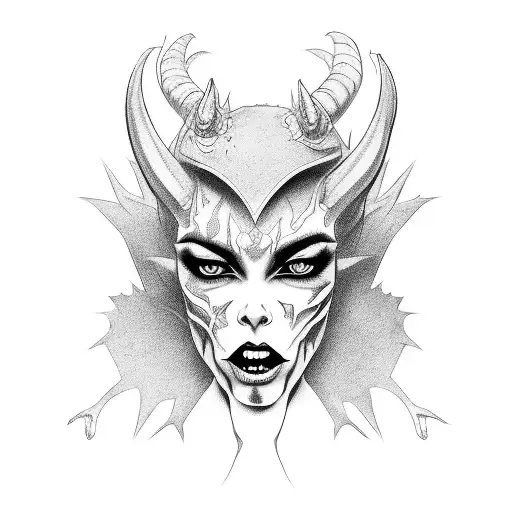 evil sexy female demon from hell together with a dog  tattoo design idea