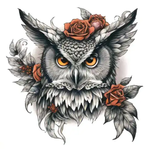 a owl in color with red rose god angel for front neck of men tattoo design idea