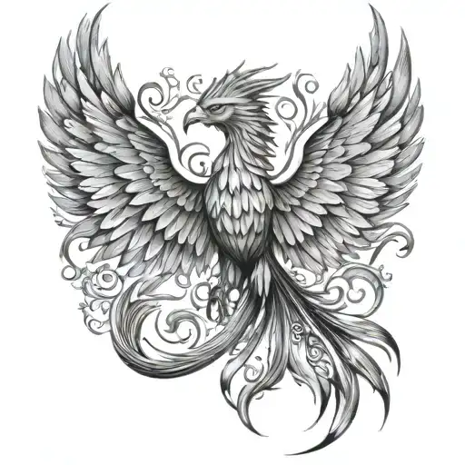 The design consists of a phoenix from the front, with its wings open and spread. The phoenix will have the number "18" inscribed tattoo design idea