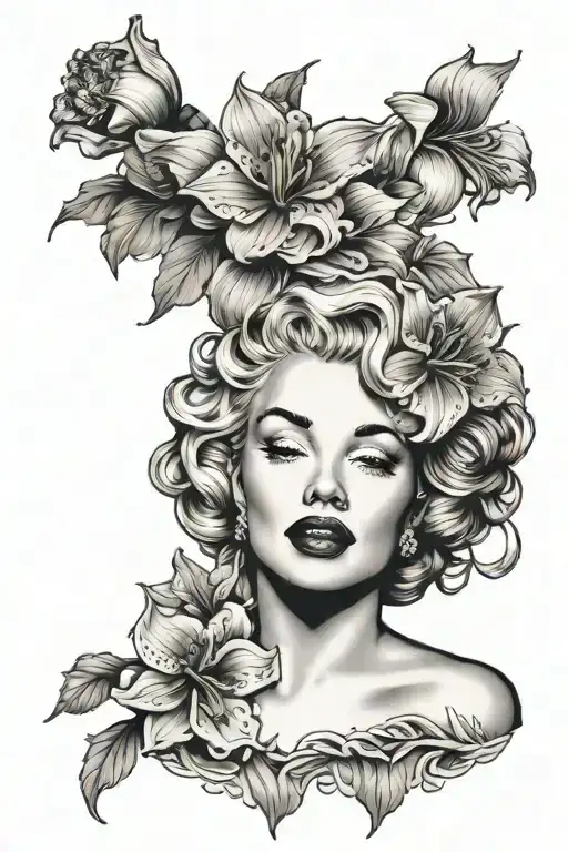 bust of marilyn monroe surrounded by amaryllis flowers tattoo design idea