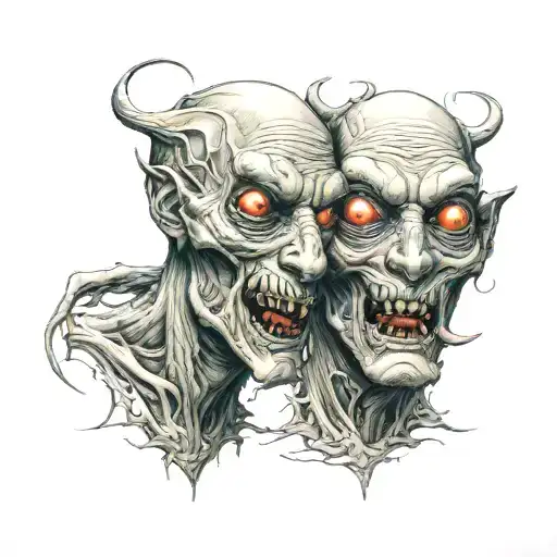 gore creepy monster siamese twin head tattoo design idea