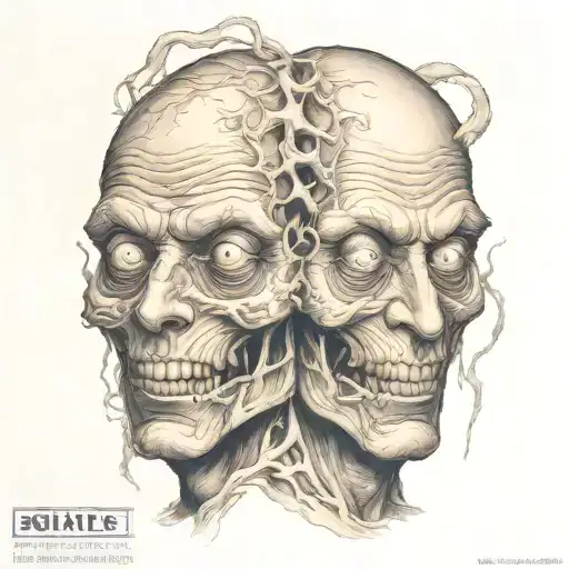 siamese twin head gore creepy one side good and one side bad tattoo design idea