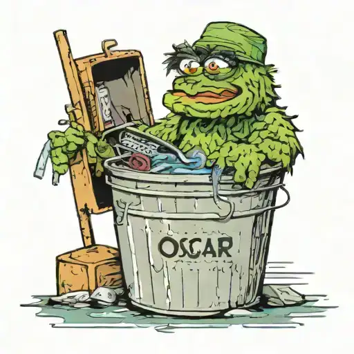 oscar the grouch, in a garbage can, end of fishing dock, body is facing lake, a junky fishing rod in his hand, tattoo design idea