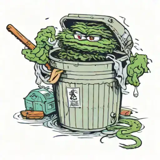 oscar the grouch, in a garbage can, end of fishing dock, body is facing lake, a junky fishing rod in his hand, tattoo design idea