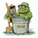 oscar the grouch, in a garbage can, end of fishing dock, body is facing lake, a junky fishing rod in his hand, tattoo design idea