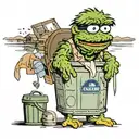 oscar the grouch, in a garbage can, end of fishing dock, body is facing lake, a junky fishing rod in his hand, tattoo design idea