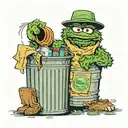 oscar the grouch, in a garbage can, end of fishing dock, body is facing lake, a junky fishing rod in his hand, tattoo design idea