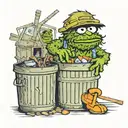 oscar the grouch, in a garbage can, end of fishing dock, body is facing lake, a junky fishing rod in his hand, tattoo design idea