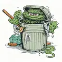 oscar the grouch, in a garbage can, end of fishing dock, body is facing lake, a junky fishing rod in his hand, tattoo design idea