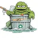 oscar the grouch, in a garbage can, end of fishing dock, body is facing lake, a junky fishing rod in his hand, tattoo design idea