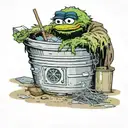 oscar the grouch, in a garbage can, end of fishing dock, body is facing lake, a junky fishing rod in his hand, tattoo design idea