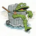 oscar the grouch, in a garbage can, end of fishing dock, body is facing lake, a junky fishing rod in his hand, tattoo design idea