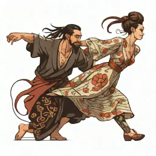 guy with man bun spinning a girl with long dress, like the da tattoo design idea