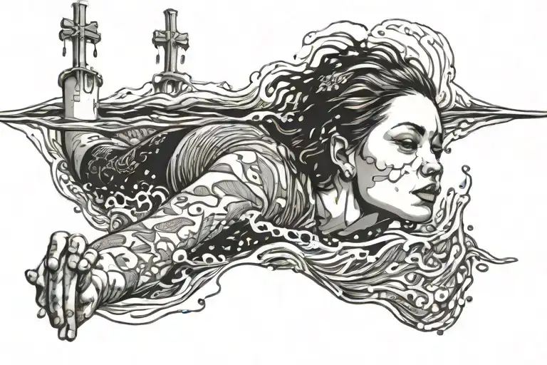 Theme: Overcoming struggle, transition from drowning to swimming Left Side: A person sinking, partially submerged, strug tattoo design idea