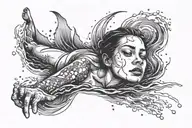 Theme: Overcoming struggle, transition from drowning to swimming Left Side: A person sinking, partially submerged, strug tattoo design idea