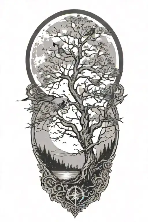 tree with birds sitting in it  and moon in the background tattoo design idea
