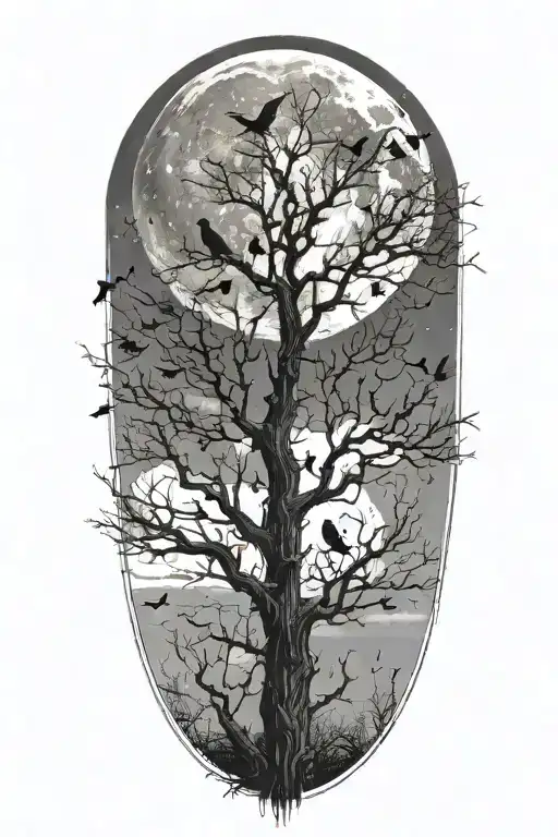 tree with birds sitting in it  and moon in the background tattoo design idea